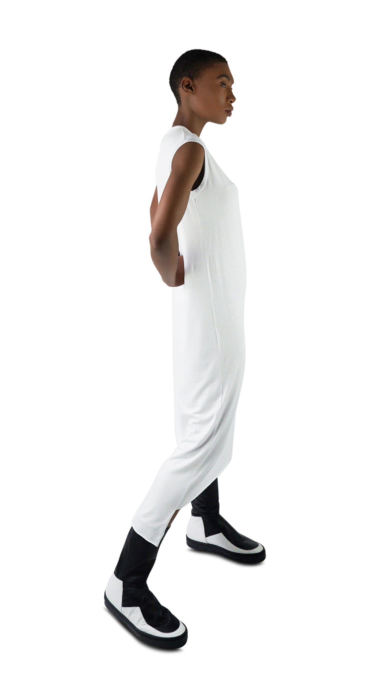 LOCO ONE ACHROMATIC COLLECTION.  DESIGN NUMERO 09.  Unisex long dress made with natural materials only. Main composition is BAMBOO with asymmetrical cuts, futuristic, minimalistic look, perfect finishes on both sleeves and neckline, raw hem. Loose fit.