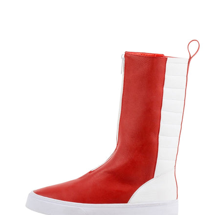 LOCO ONE REVOLUTION COLLECTION.  BOOTS ROJO.  Made with Genuine Cow Leather (Napa Plena Flor). The front is made with Red leather and has a white zipper. The white part of the boot has comfortable padding featuring a Red stripe. The lining of the boot is made with soft Red leather. The soles are made of white rubber.