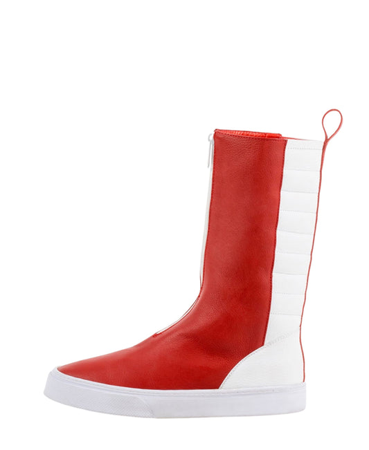 LOCO ONE REVOLUTION COLLECTION.  BOOTS ROJO.  Made with Genuine Cow Leather (Napa Plena Flor). The front is made with Red leather and has a white zipper. The white part of the boot has comfortable padding featuring a Red stripe. The lining of the boot is made with soft Red leather. The soles are made of white rubber.