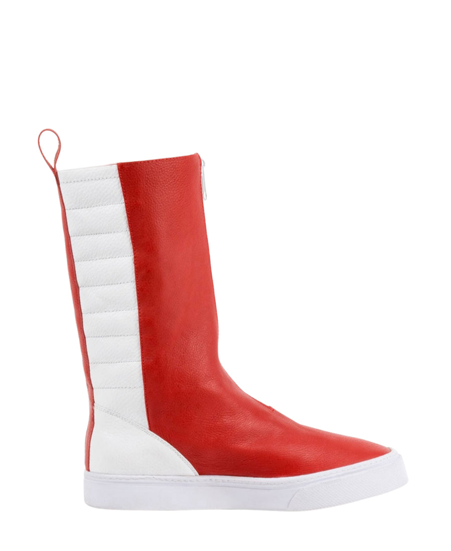 LOCO ONE REVOLUTION COLLECTION.  BOOTS ROJO.  Made with Genuine Cow Leather (Napa Plena Flor). The front is made with Red leather and has a white zipper. The white part of the boot has comfortable padding featuring a Red stripe. The lining of the boot is made with soft Red leather. The soles are made of white rubber.